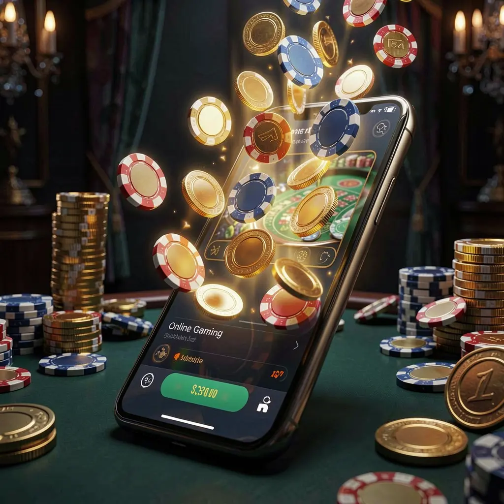 F333.com online gaming app displayed on a smartphone screen glowing with casino chips and coins emerging, set against a luxury dark background with cinematic lighting in a high detail 3D render