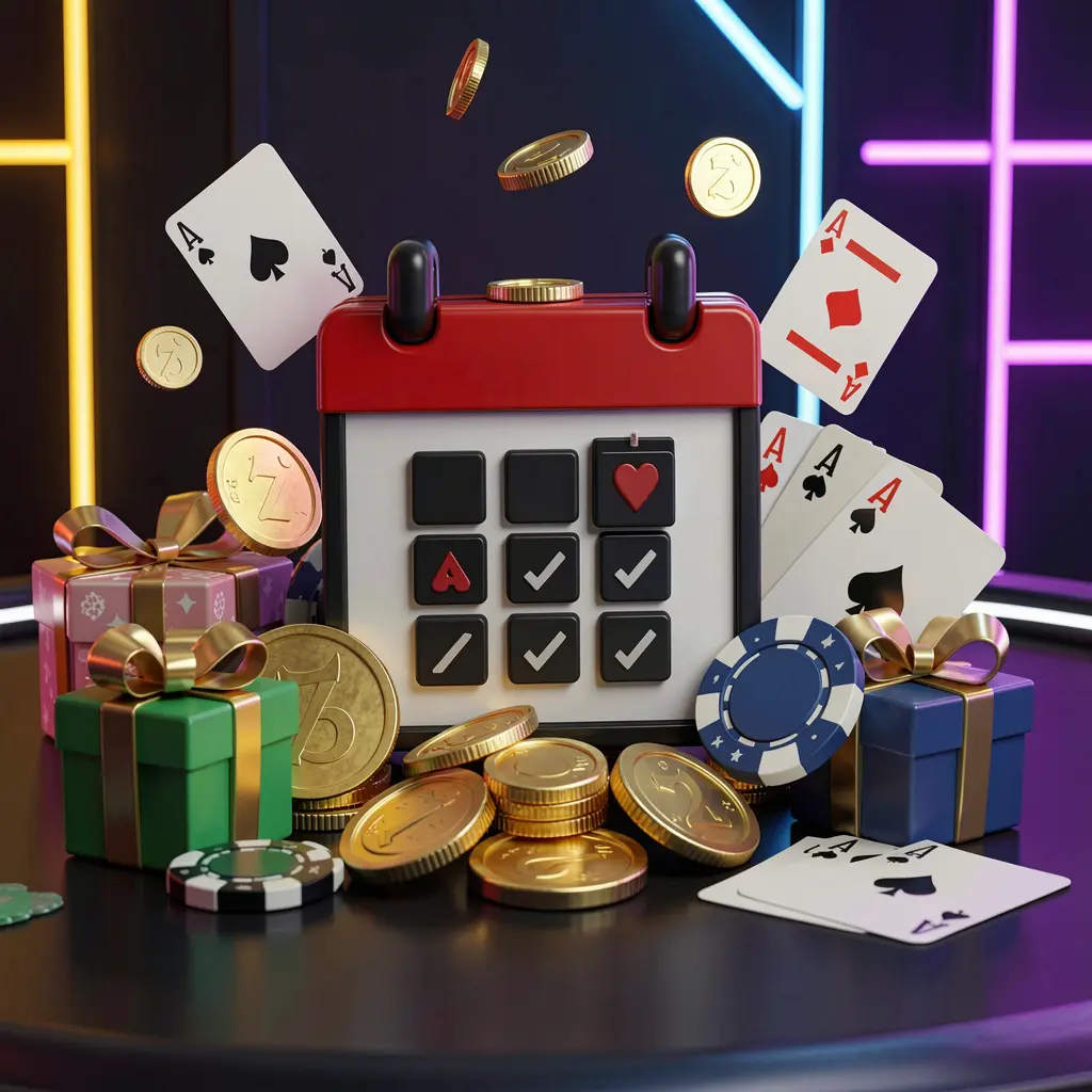 F333.com weekly online casino bonus concept featuring a calendar icon surrounded by golden coins, gift boxes, poker chips, and playing cards in a festive casino atmosphere with dark modern background and neon lights
