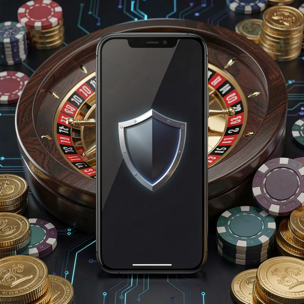 Secure mobile casino access on phone screen with shield icon, roulette wheel, poker chips, and golden coins in dark cyber luxury atmosphere featuring F333.com