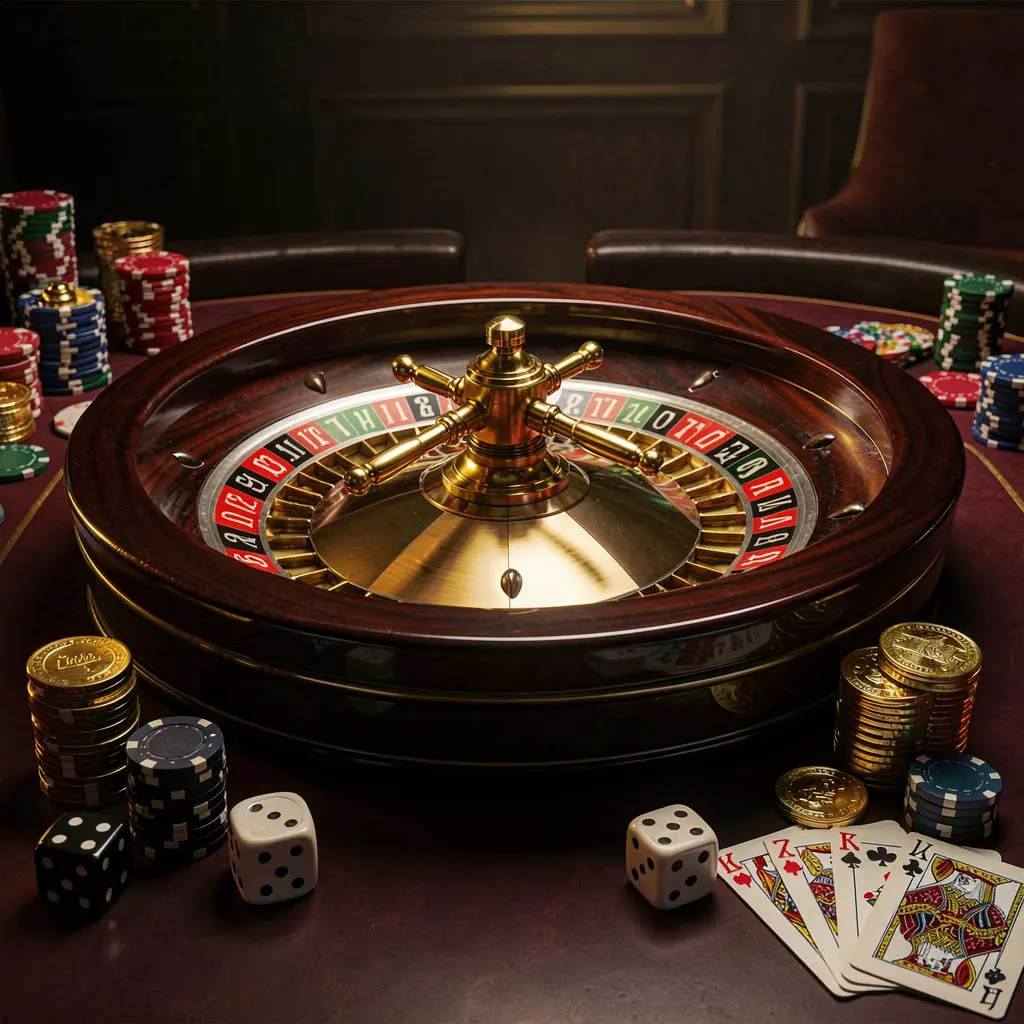 Premium casino homepage scene featuring a roulette wheel spinning on a glossy table with poker chips, dice, cards, and golden coins, set against an elegant dark background with cinematic lighting, showcasing F333.com responsible gaming